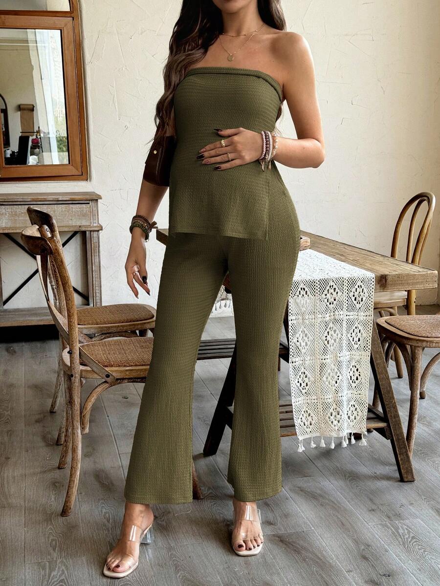 Maternity 2 Piece Set Strapless Bandeau Tube Top and Split Hem Flare Pants Slim Fit Knit Casual Pregnancy Outfit in Blue