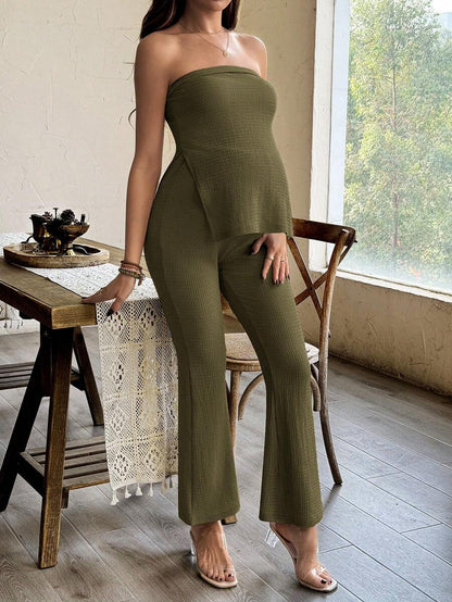 Maternity 2 Piece Set Strapless Bandeau Tube Top and Split Hem Flare Pants Slim Fit Knit Casual Pregnancy Outfit in Blue
