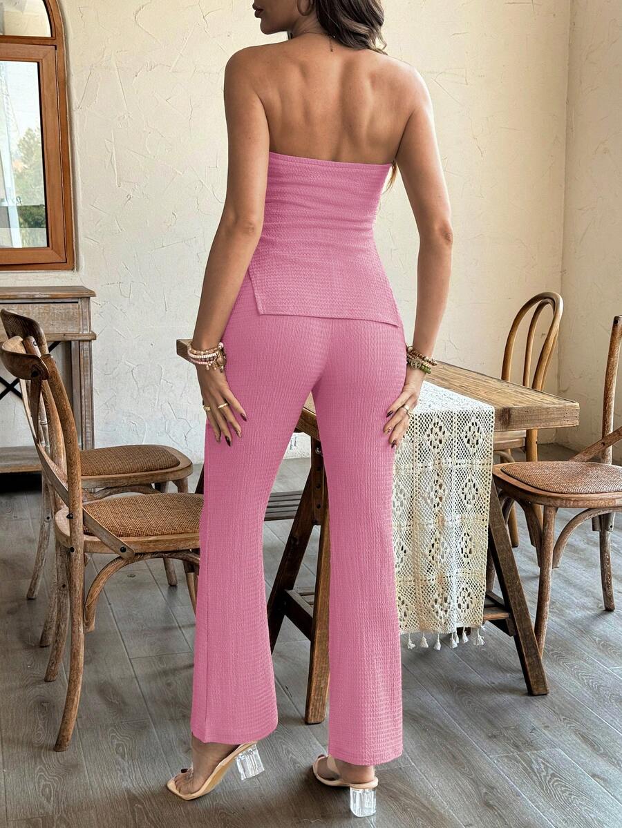 Maternity 2 Piece Set Strapless Bandeau Tube Top and Split Hem Flare Pants Slim Fit Knit Casual Pregnancy Outfit in Blue