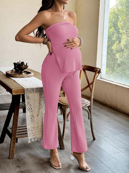 Maternity 2 Piece Set Strapless Bandeau Tube Top and Split Hem Flare Pants Slim Fit Knit Casual Pregnancy Outfit in Blue