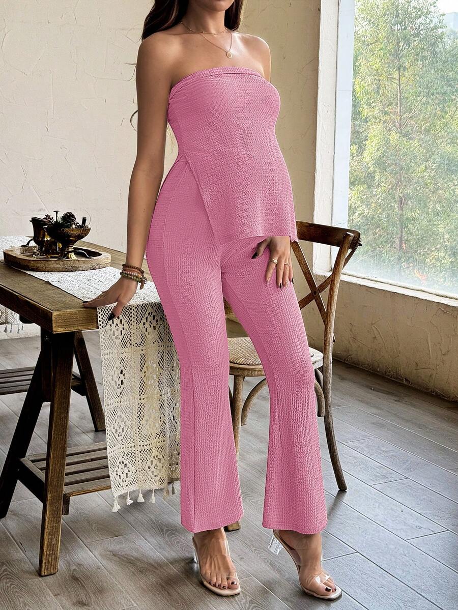 Maternity 2 Piece Set Strapless Bandeau Tube Top and Split Hem Flare Pants Slim Fit Knit Casual Pregnancy Outfit in Blue