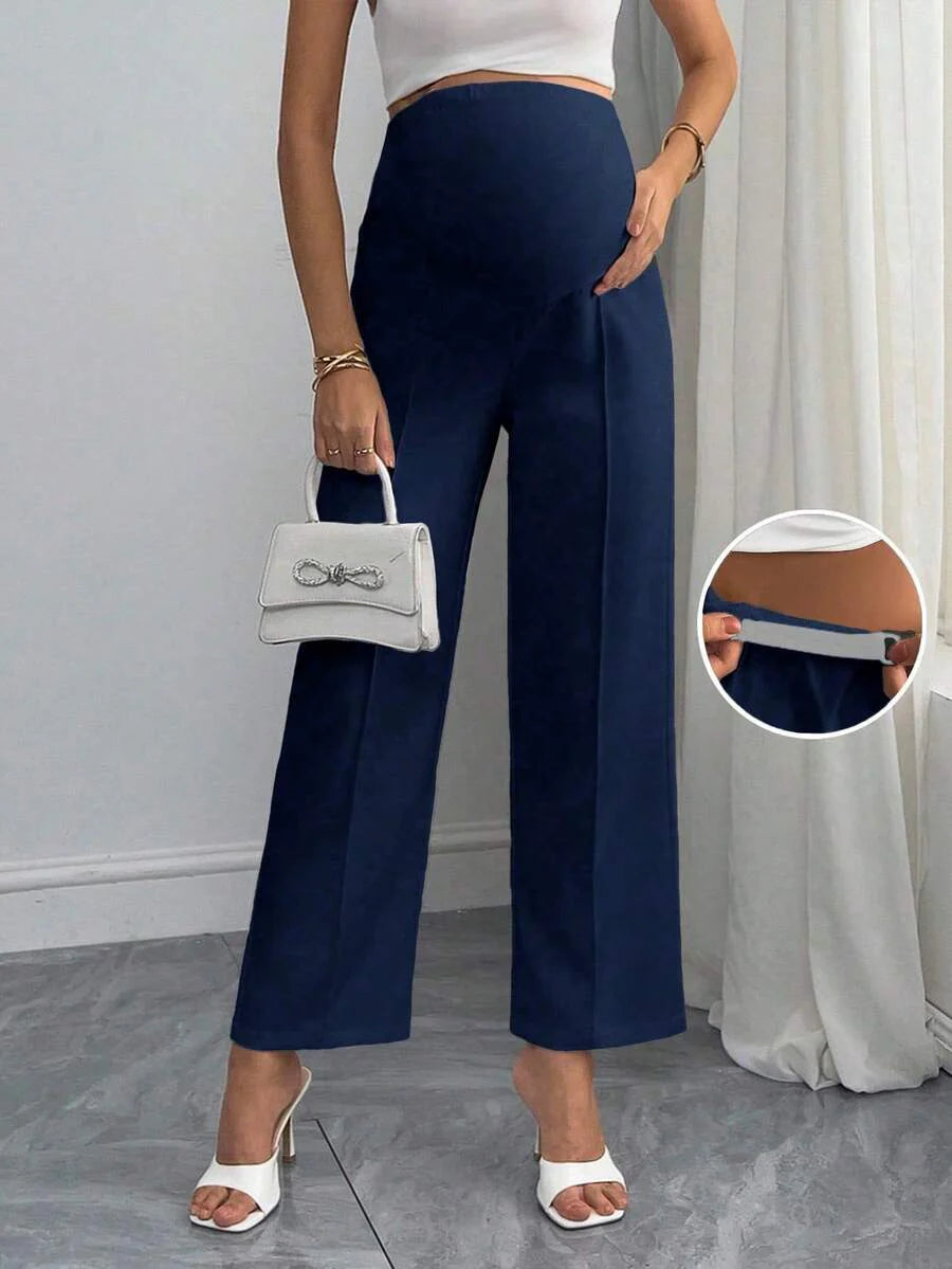 Maternity Flare Pants - Adjustable Elastic High Waist, Full Length, Colorblock, Dark Grey