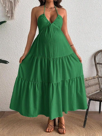 Cherish Maternity Solid Color Backless Maxi Maternity Dress Elegant Sleeveless V Neck Slim Fit Flowy Summer Gown Black