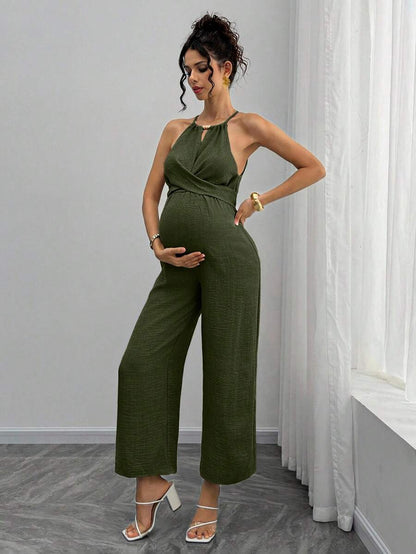 Maternity Jumpsuit With Wooden Bead Halter Neck, Tie Front Waist Bow Detail, Full Length Pants