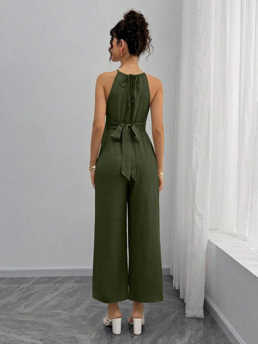 Maternity Jumpsuit With Wooden Bead Halter Neck, Tie Front Waist Bow Detail, Full Length Pants