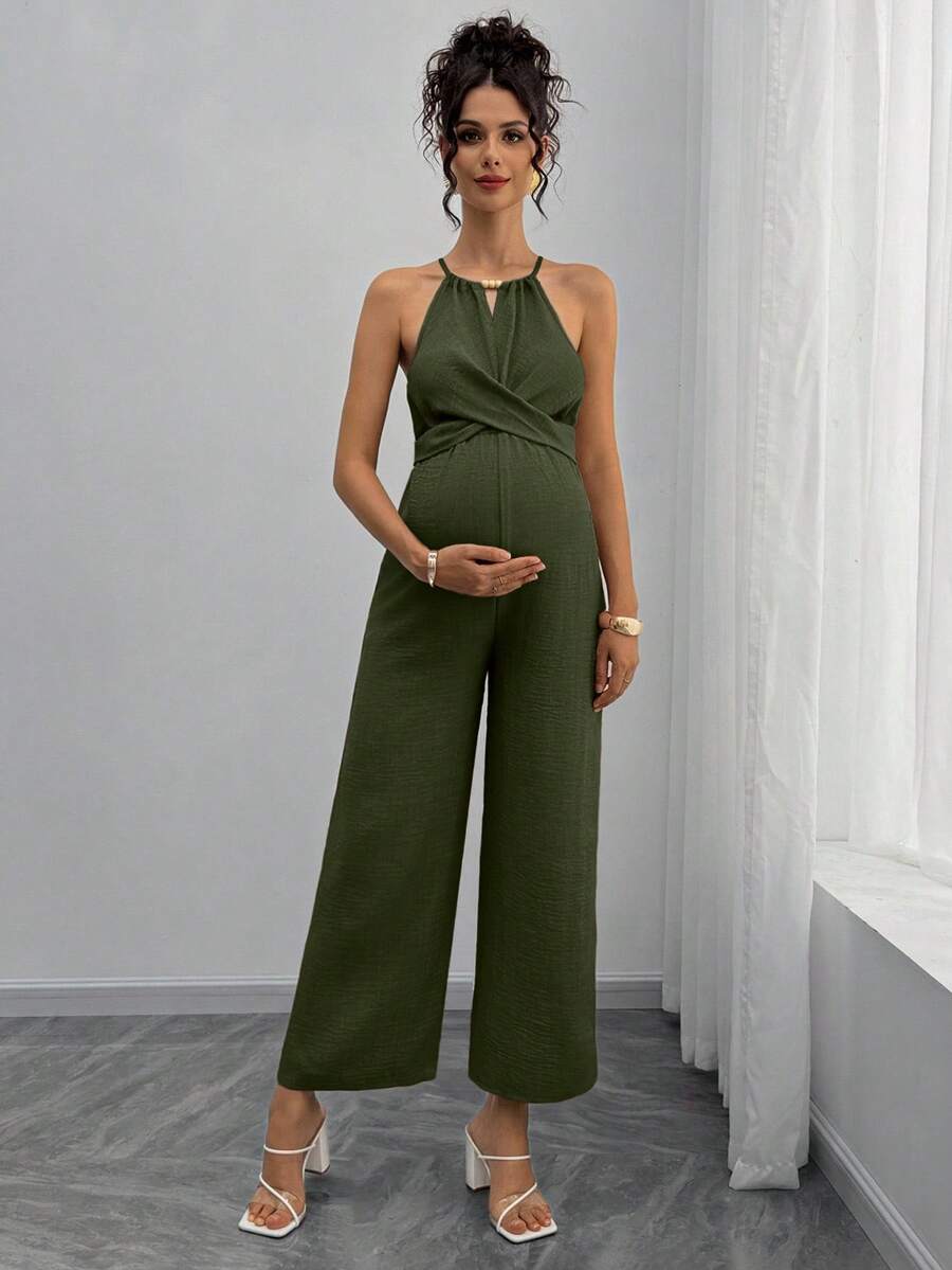 Maternity Jumpsuit With Wooden Bead Halter Neck, Tie Front Waist Bow Detail, Full Length Pants Maternity Women Pregnancy Clothes Maternity Clothes Baby Shower Guest Outfit Maternity Jumpsuits For Woman Jumpsuit For Pregnant Woman Pregnancy Outfits