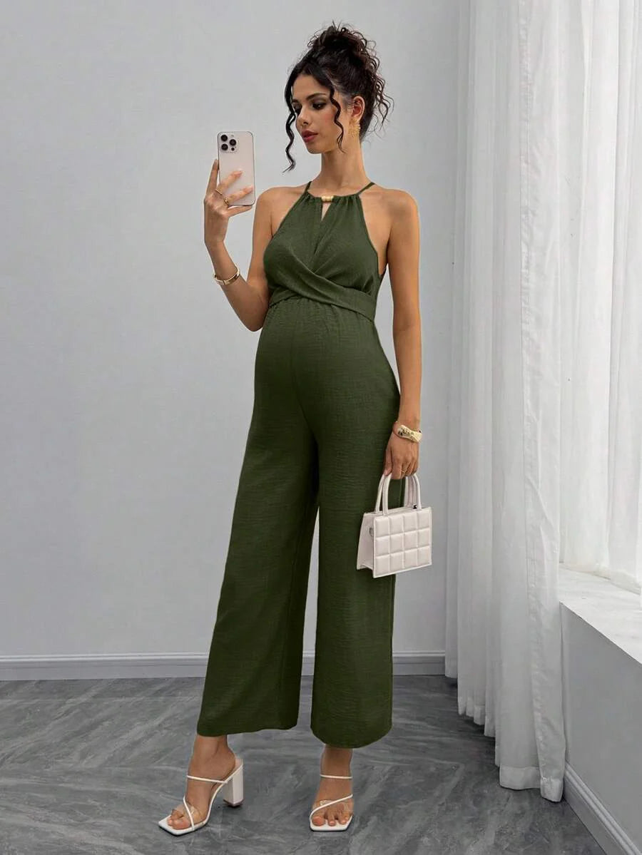 Maternity Jumpsuit With Wooden Bead Halter Neck, Tie Front Waist Bow Detail, Full Length Pants Maternity Women Pregnancy Clothes Maternity Clothes Baby Shower Guest Outfit Maternity Jumpsuits For Woman Jumpsuit For Pregnant Woman Pregnancy Outfits