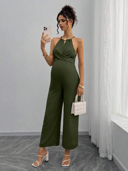 Maternity Jumpsuit With Wooden Bead Halter Neck, Tie Front Waist Bow Detail, Full Length Pants
