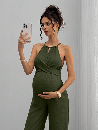Maternity Jumpsuit With Wooden Bead Halter Neck, Tie Front Waist Bow Detail, Full Length Pants Maternity Women Pregnancy Clothes Maternity Clothes Baby Shower Guest Outfit Maternity Jumpsuits For Woman Jumpsuit For Pregnant Woman Pregnancy Outfits