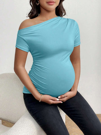 Maternity Asymmetrical Neck Tee - Short Sleeve, Slim Fit, High Stretch, Black