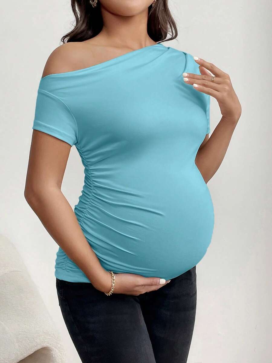Maternity Asymmetrical Neck Tee - Short Sleeve, Slim Fit, High Stretch, Black