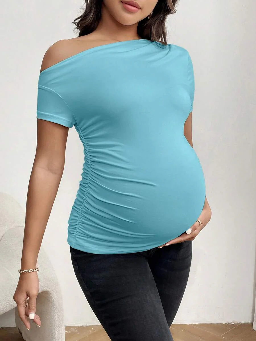 Maternity Asymmetrical Neckline Ruched T-Shirt - Short Sleeve Slim Fit Pleated Knit Top for Casual Daily Wear