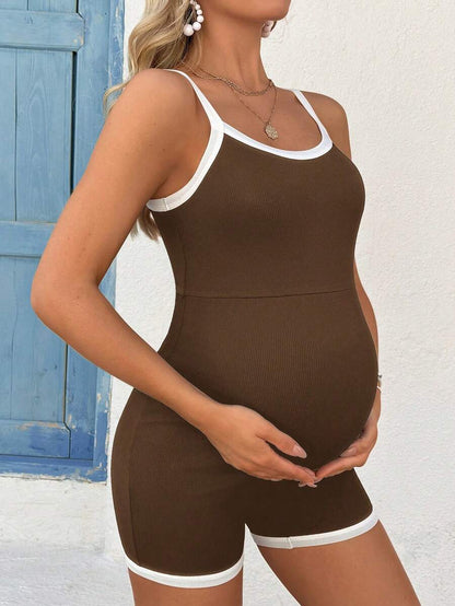 Maternity Contrast Trim Jumpsuit - Round Neck Spaghetti Strap Summer Casual