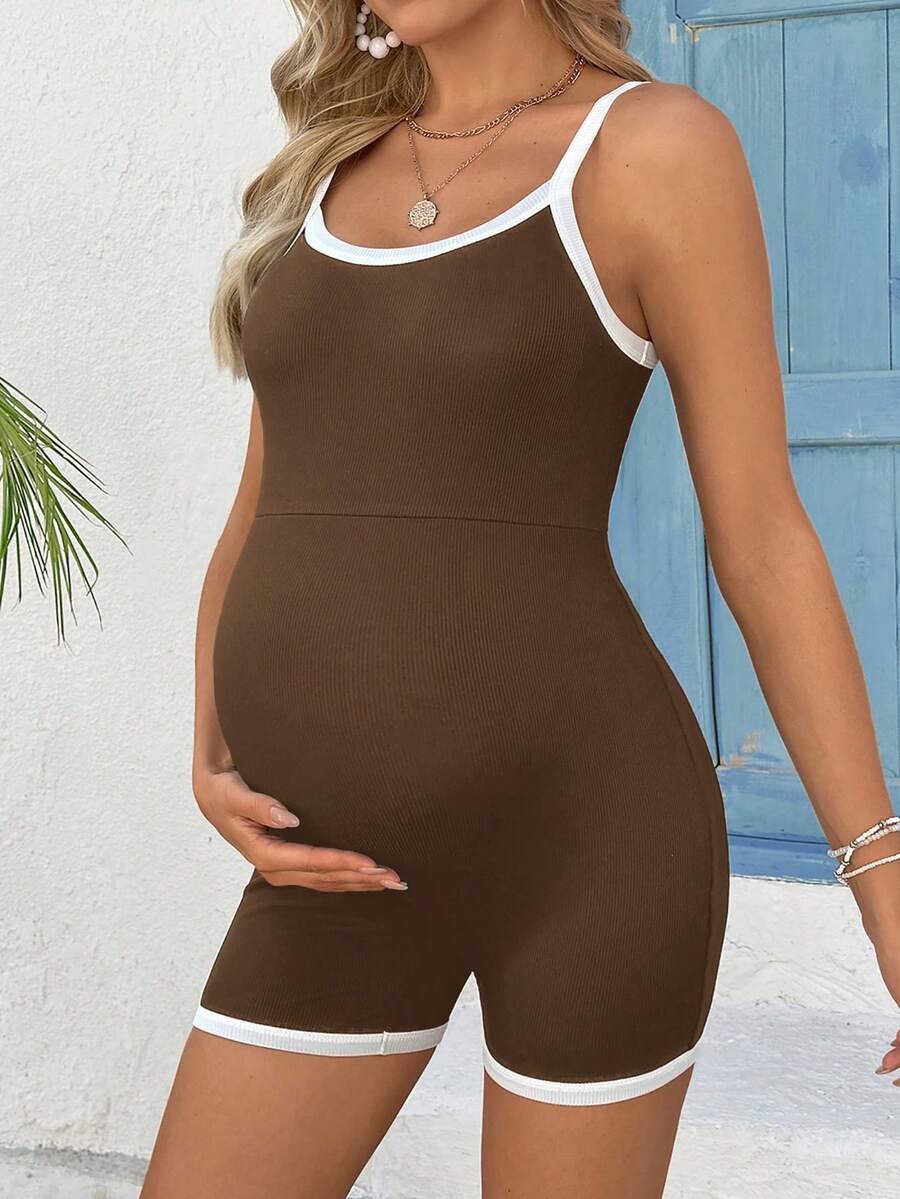 Baby Blue Contrast Trim Maternity Unitard Jumpsuit – High Stretch Spaghetti Strap Backless Sleeveless Summer Athletic Romper