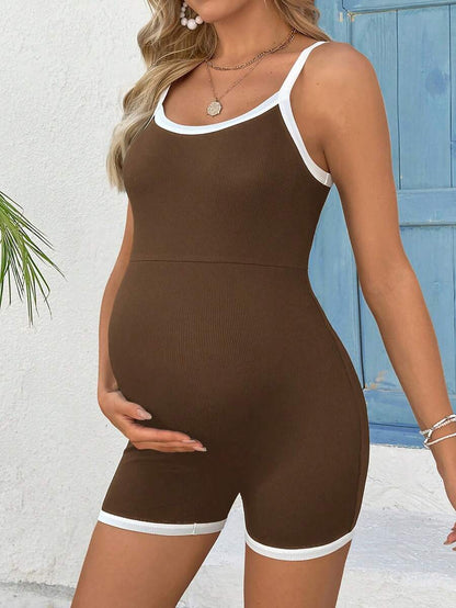 Baby Blue Contrast Trim Maternity Unitard Jumpsuit – High Stretch Spaghetti Strap Backless Sleeveless Summer Athletic Romper