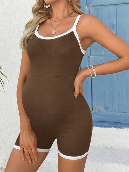 Maternity Contrast Trim Jumpsuit - Round Neck Spaghetti Strap Summer Casual