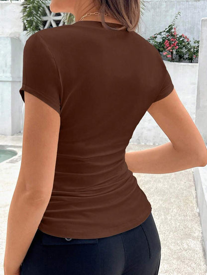 Maternity Slim Fit V-Neck Short Sleeve Pleated T-Shirt in Coffee Brown, Casual Summer Knitted Pregnancy Top