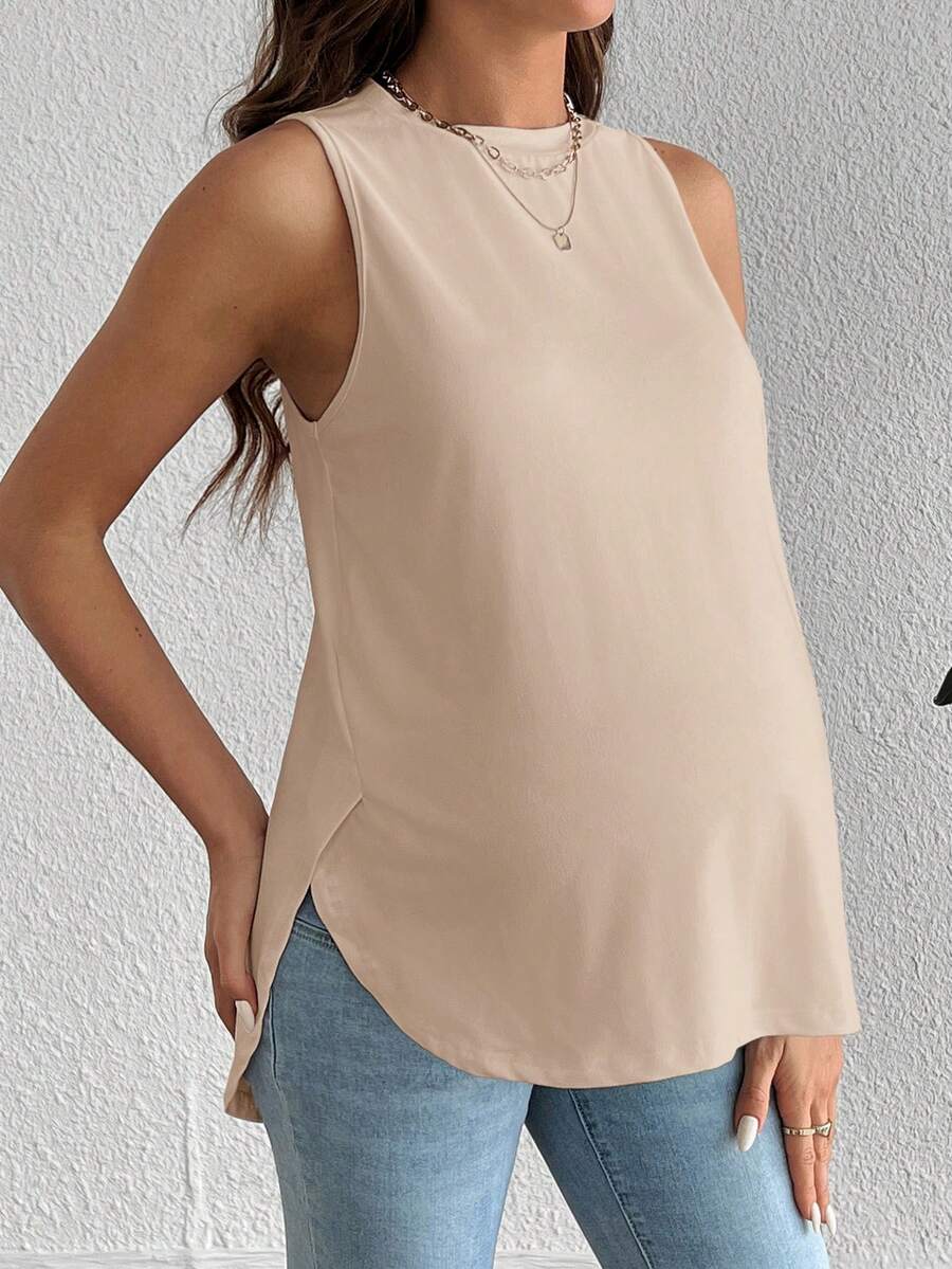 White Asymmetrical Maternity Tank Top - Casual Round Neck High Stretch Loose Fit Knitted Sleeveless Shirt for Travel & Daily Wear