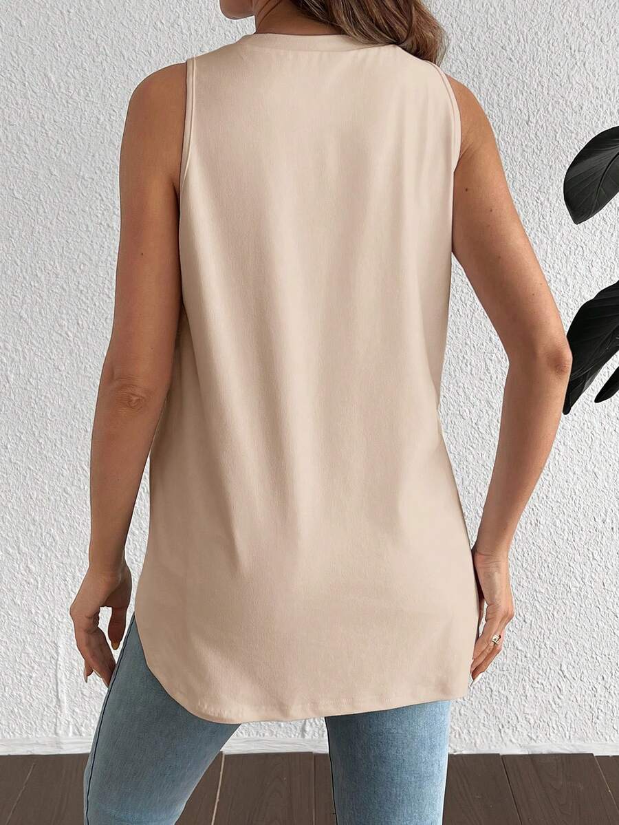 White Asymmetrical Maternity Tank Top - Casual Round Neck High Stretch Loose Fit Knitted Sleeveless Shirt for Travel & Daily Wear