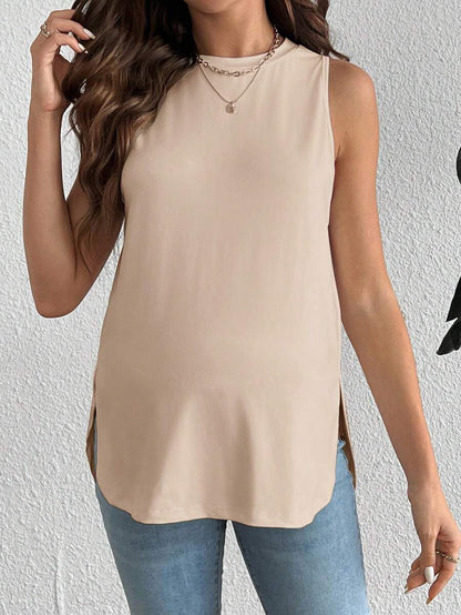 Maternity Round Neck High Stretch Tank Top - White Casual Loose Fit Asymmetrical Hem Travel Top