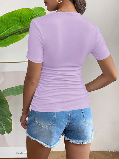 Maternity Side Ruched Slim Fit T-Shirt - Short Sleeve Round Neck Pregnancy Top in High Stretch Black Knitted Fabric
