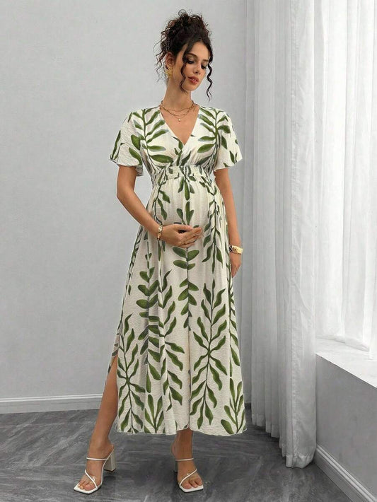 Maternity All-Over Print Shirred Casual Short Sleeve Dress