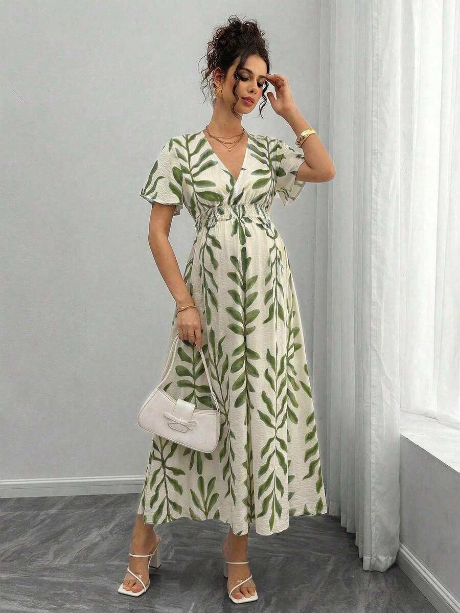 Maternity All-Over Print Shirred Casual Short Sleeve Dress