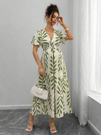 Maternity All-Over Print Shirred Casual Short Sleeve Dress