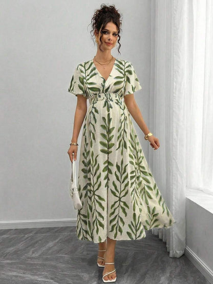 Maternity All-Over Print Shirred Casual Short Sleeve Dress