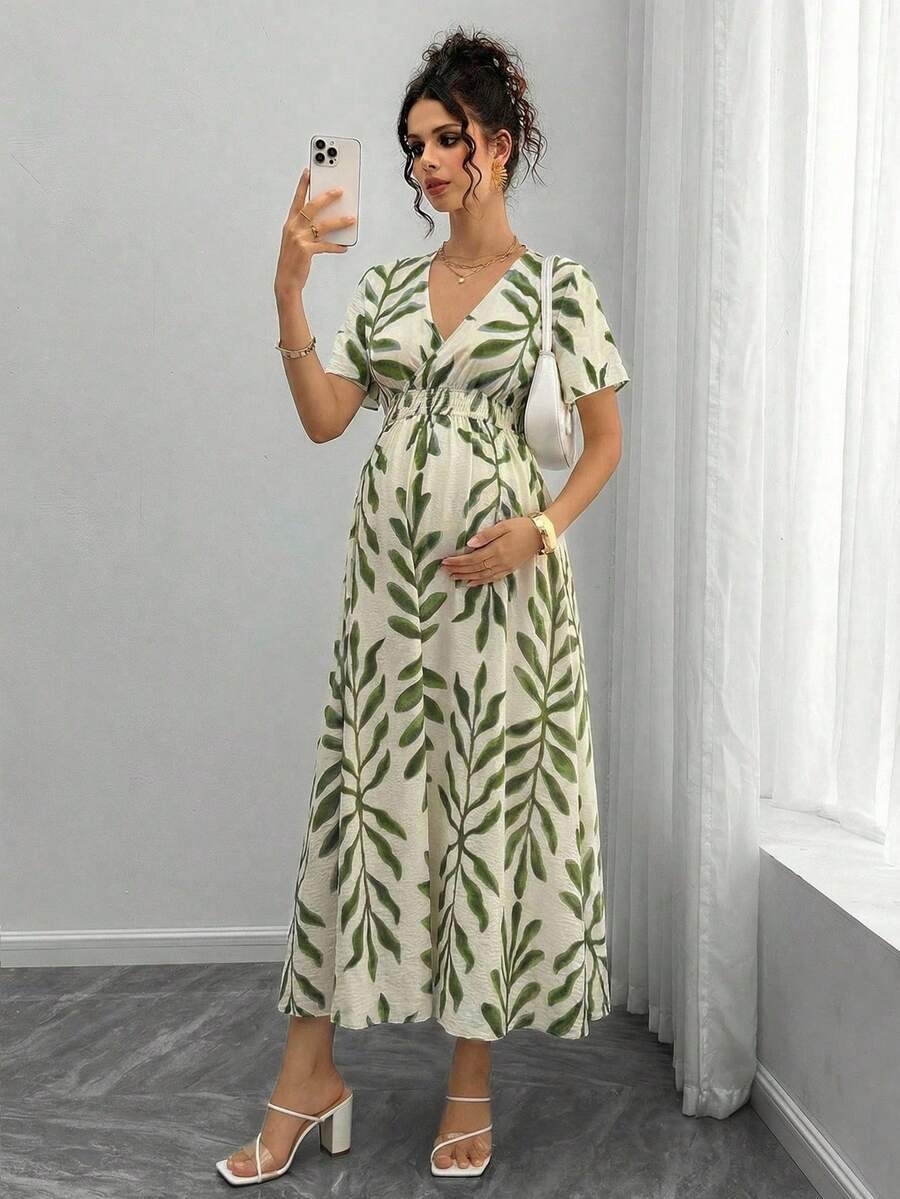 Maternity All-Over Print Shirred Casual Short Sleeve Dress