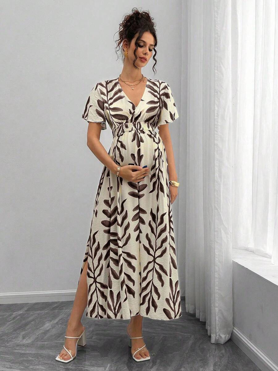 Maternity All-Over Print Shirred Casual Short Sleeve Dress