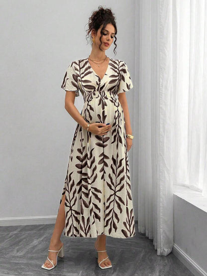 Maternity All-Over Print Shirred Casual Short Sleeve Dress