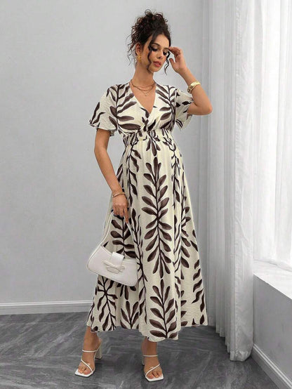 Maternity All-Over Print Shirred Casual Short Sleeve Dress