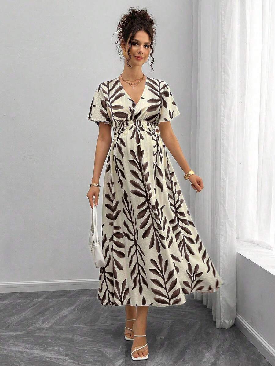 Maternity All-Over Print Shirred Casual Short Sleeve Dress