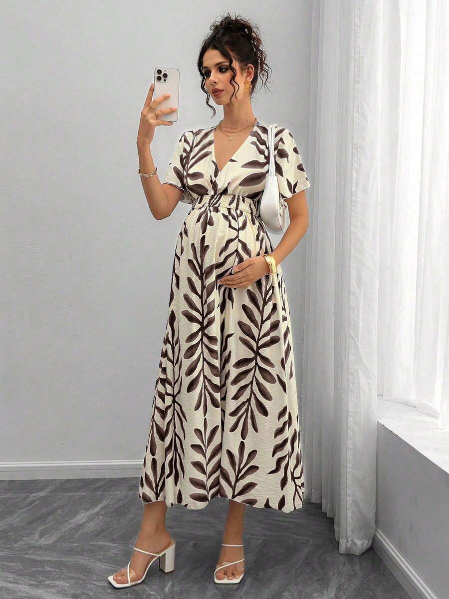 Maternity All-Over Print Shirred Casual Short Sleeve Dress