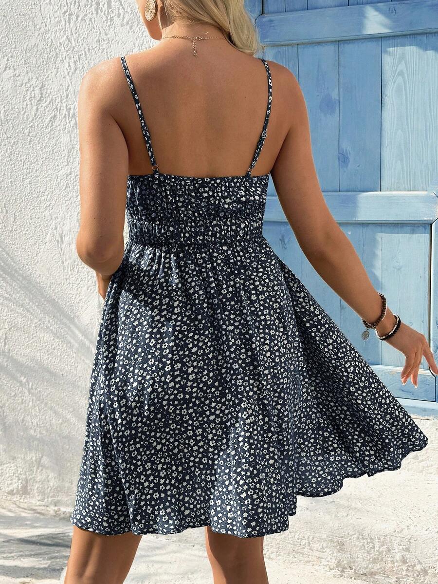 Green Ditsy Floral Maternity Cami Dress - Boho Spaghetti Strap High Waist Flared Knee Length Vacation Sundress