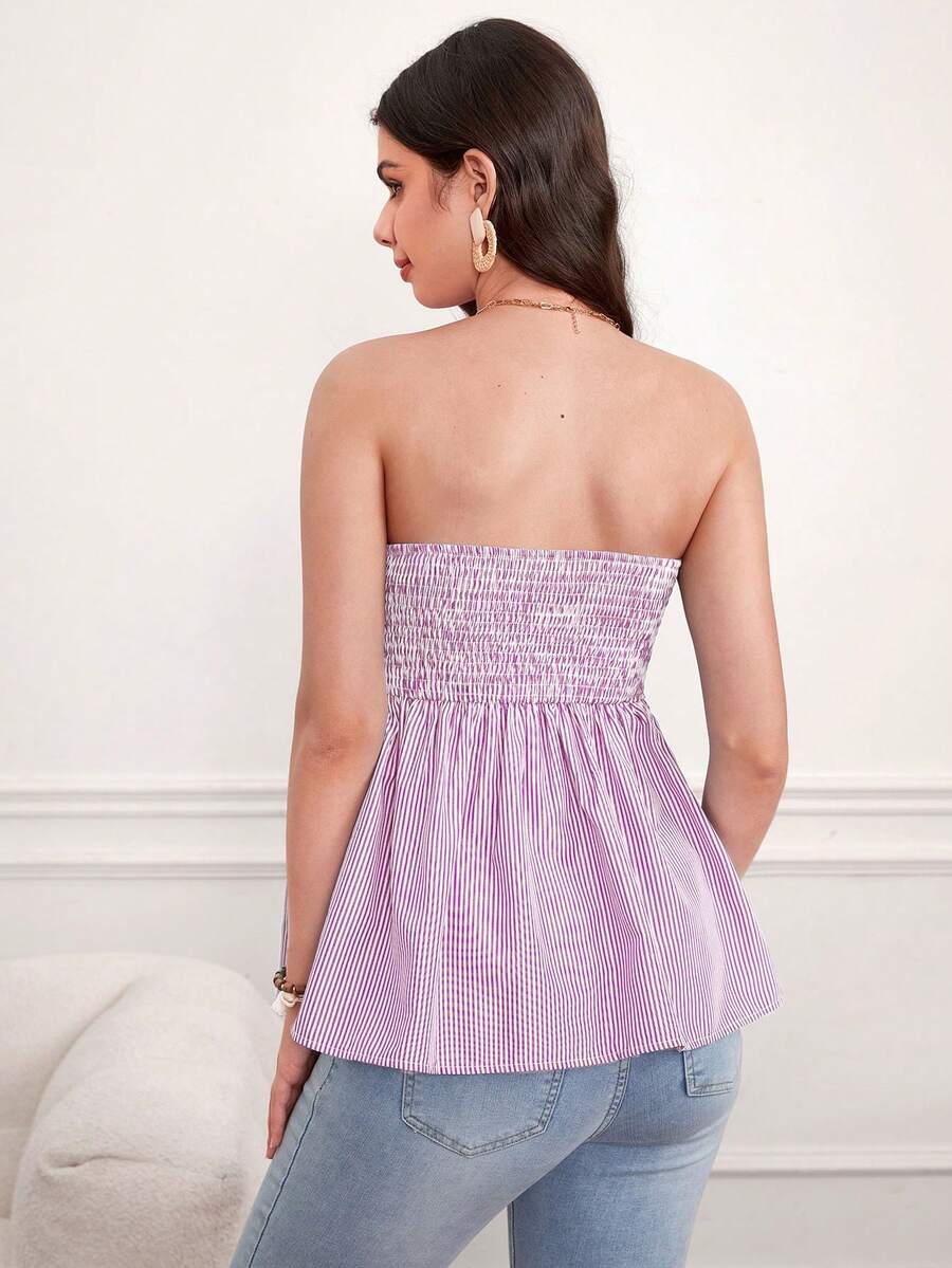 Navy Blue Striped Frill Trim Maternity Babydoll Tube Top Strapless Front Tie Flared Hem Summer Beach Vacation Sleeveless Top