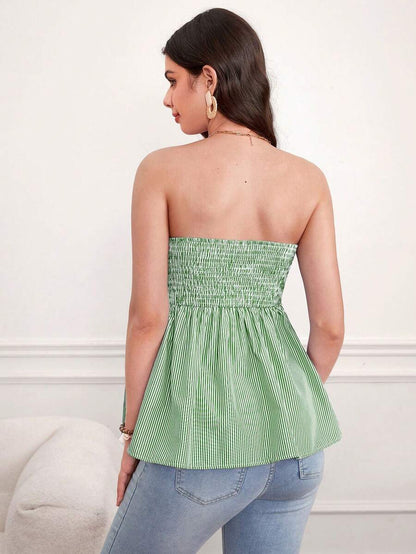 Striped Maternity Bandeau Peplum Top - Strapless Color Block Tie Front Top with Frill Trim