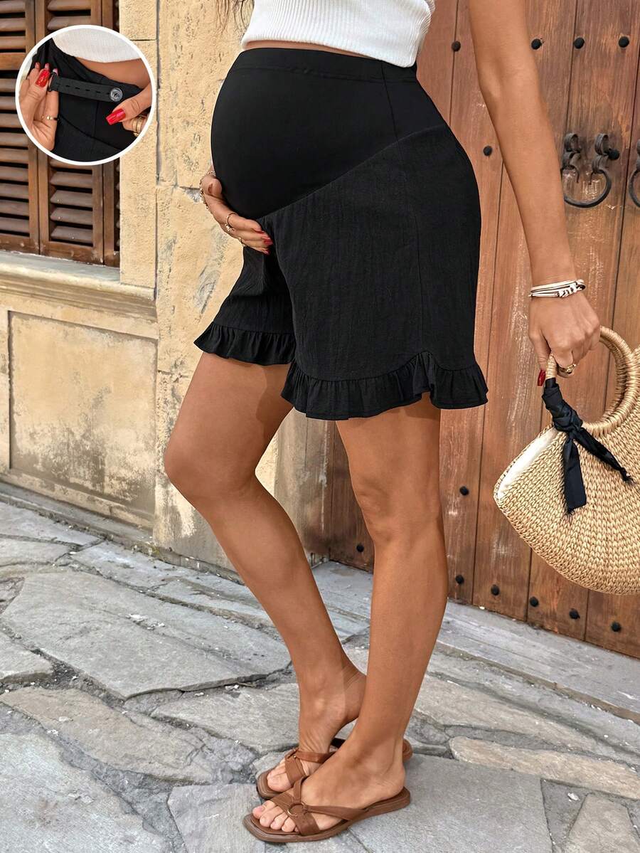 Maternity High Waist Textured Shorts - Patchwork Ruffle Hem Summer Wear