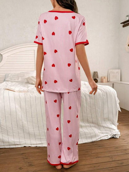 Maternity Heart Stripe Print Pajama Set Women V-Neck Short Sleeve Top and Pants Sleepwear