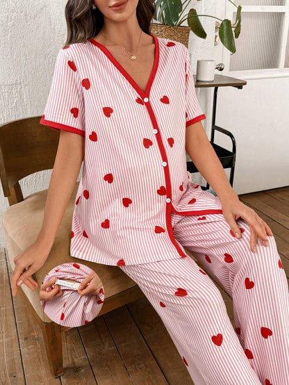 Maternity Heart Stripe Print Pajama Set Women V-Neck Short Sleeve Top and Pants Sleepwear