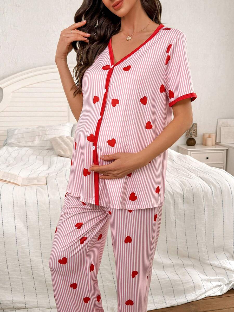 Maternity Heart Stripe Print Pajama Set Women V-Neck Short Sleeve Top and Pants Sleepwear