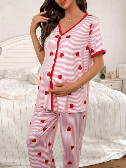 Maternity Heart Stripe Print Pajama Set Women V-Neck Short Sleeve Top and Pants Sleepwear
