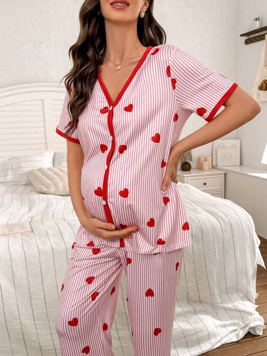 Maternity Heart Stripe Print Pajama Set Women V-Neck Short Sleeve Top and Pants Sleepwear