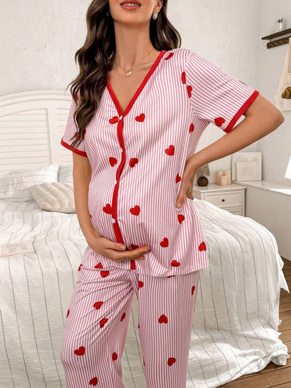 Maternity Heart Stripe Print Pajama Set Women V-Neck Short Sleeve Top and Pants Sleepwear