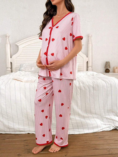 Maternity Heart Stripe Print Pajama Set Women V-Neck Short Sleeve Top and Pants Sleepwear
