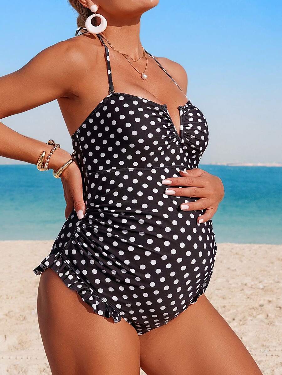Maternity Swimsuit - Black And White Polka Dot Trim Cute Summer Beach