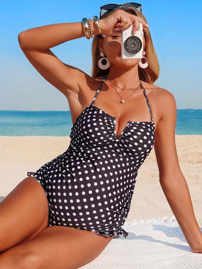 Maternity Swimsuit - Black And White Polka Dot Trim Cute Summer Beach