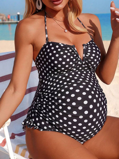 Maternity Swimsuit - Black And White Polka Dot Trim Cute Summer Beach