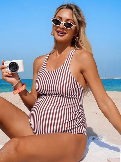 Maternity Pleated Shorts - Boho Y2K Striped Print High Waist Lightweight, Vintage Western